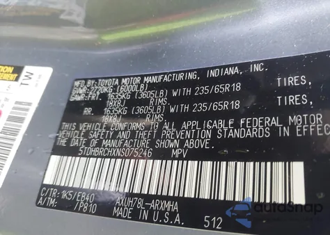 2022 Toyota Highlander Hybrid Xle из США, поврежденный, VIN 5TDHBRCHXNS075246